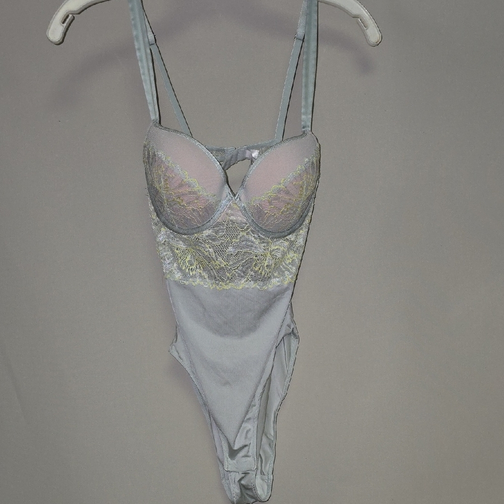 Auden Lace Bodysuit in Gray and Cream